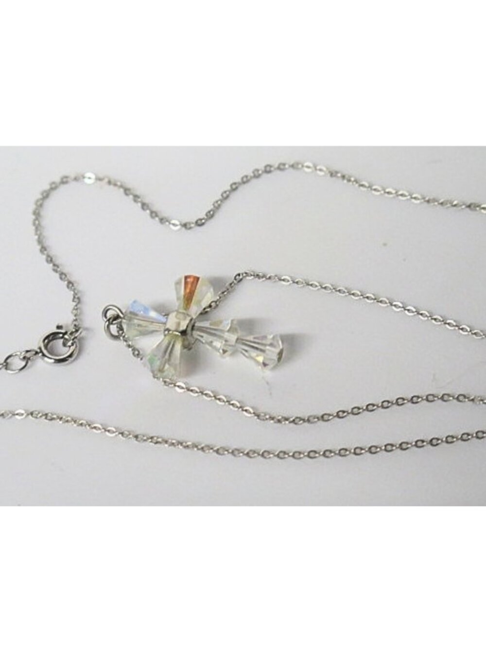 Iridescent Faceted Cross Pendant Necklace Silver-Tone Chain Estate Find